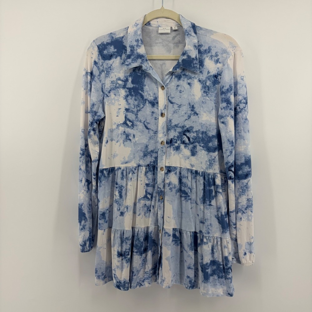 New Directions‎ Blue White Womens Medium Tie Dye Tiered Button Down Tunic Top